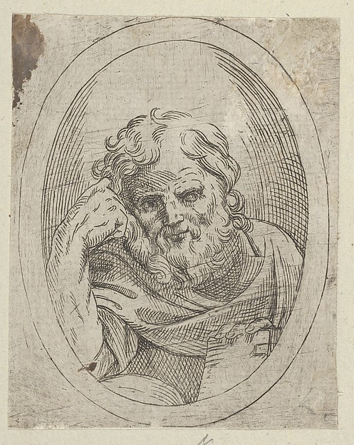 An apostle resting his head on his right hand and holding a book, in an oval frame, from "Christ, the Virgin, and Thirteen Apostles" by Anonymous, 17th century