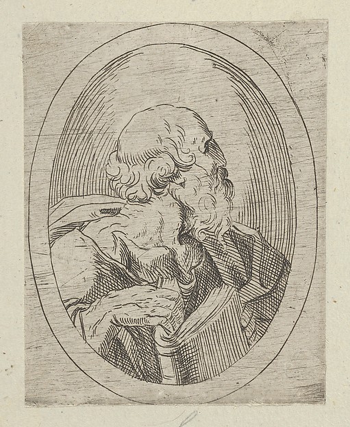 An apostle seen in profile facing right, holding an open book, in an oval frame, from "Christ, the Virgin, and Thirteen Apostles" by Anonymous, 17th century