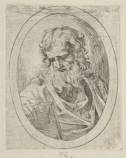 An apostle with a long beard looking down at an open book, in an oval frame, from "Christ, the Virgin, and Thirteen Apostles" by Anonymous, 17th century