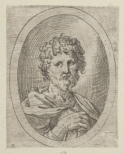 An apostle with a short beard holding a closed book, from "Christ, the Virgin, and Thirteen Apostles" by Anonymous, 17th century