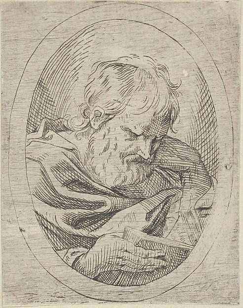 An apostle resting his head on his left hand and reading a book, in an oval frame, from "Christ, the Virgin, and Thirteen Apostles" by Anonymous, 17th century