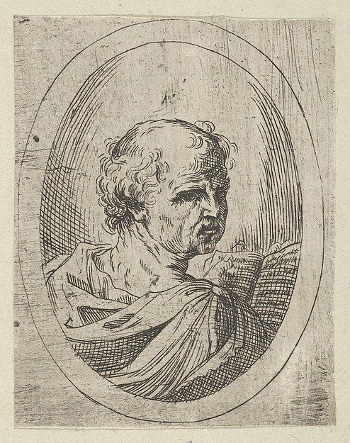 An apostle seen from behind and turning to the right, holding an open book, in an oval frame, from "Christ, the Virgin, and Thirteen Apostles" by Anonymous, 17th century