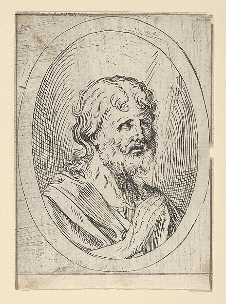 An apostle raising his eyes in prayer, in an oval frame, from "Christ, the Virgin, and Thirteen Apostles" by Anonymous, 17th century