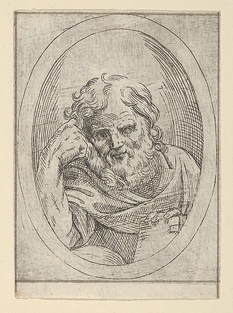 An apostle resting his head on his right hand and holding a book, in an oval frame, from "Christ, the Virgin, and Thirteen Apostles" by Anonymous, 17th century