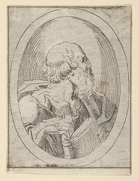 An apostle seen in profile facing right, holding an open book, in an oval frame, from "Christ, the Virgin, and Thirteen Apostles" by Anonymous, 17th century