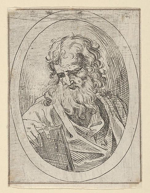 An apostle with a long beard looking down at an open book, in an oval frame, from "Christ, the Virgin, and Thirteen Apostles" by Anonymous, 17th century