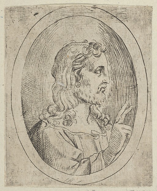Christ seen in profile facing right, making the sign of blessing with his right hand, in an oval frame, from "Christ, the Virgin, and Thirteen Apostles" by Anonymous, 17th century