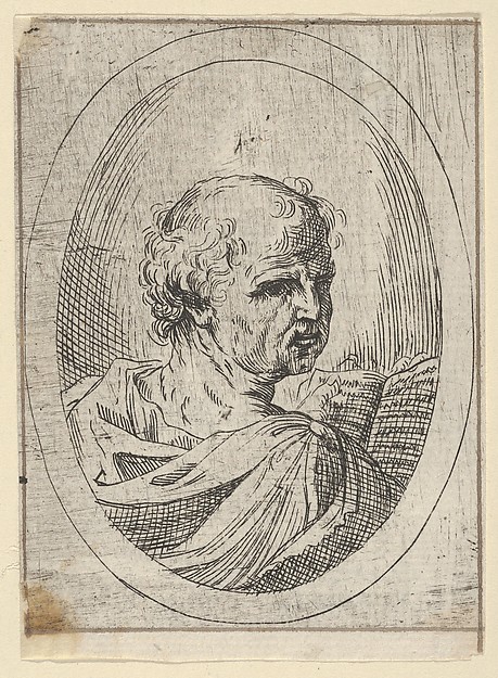 An apostle seen from behind and turning to the right, holding an open book, in an oval frame, from "Christ, the Virgin, and Thirteen Apostles" by Anonymous, 17th century