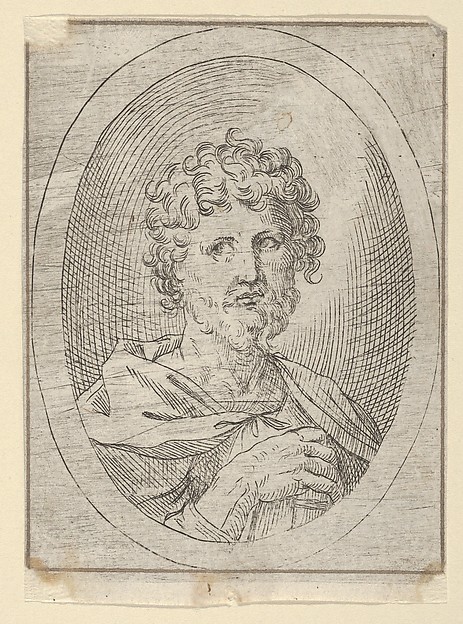 An apostle holding a closed book and looking to the left, in an oval frame, from "Christ, the Virgin, and Thirteen Apostles" by Anonymous, 17th century