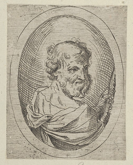Saint Simon seen from behind, turning to the right and holding a saw, in an oval frame, from "Christ, the Virgin, and Thirteen Apostles" by Anonymous, 17th century