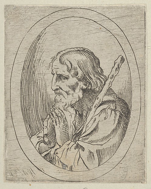 Saint Jude in prayer, seen in profile facing left with a staff resting on his shoulder, in an oval frame, from "Christ, the Virgin, and Thirteen Apostles" by Anonymous, 17th century