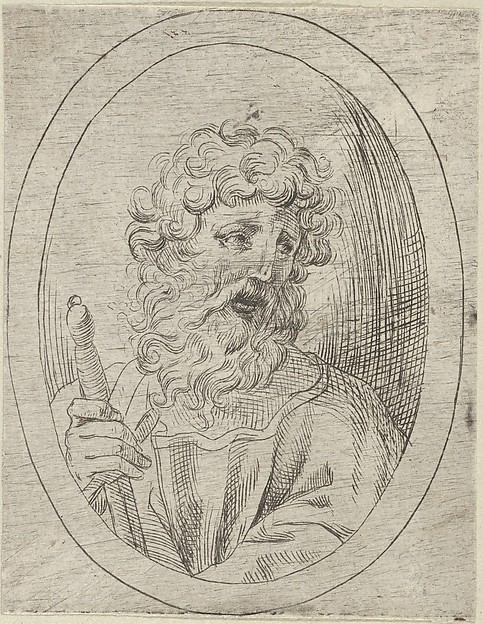 Saint Paul holding a sword, in an oval frame, from "Christ, the Virgin, and Thirteen Apostles" by Anonymous, 17th century