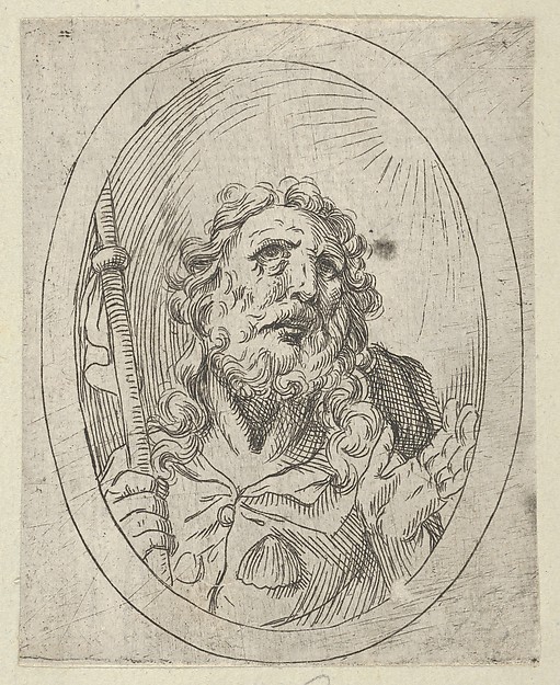 Saint James Major, looking upwards and holding a staff, from "Christ, the Virgin, and Thirteen Apostles" by Anonymous, 17th century