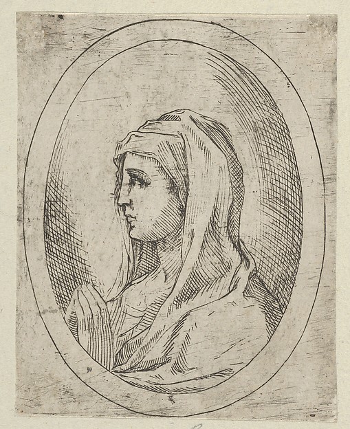 The Virgin in prayer, seen in profile facing left, in an oval frame, from "Christ, the Virgin, and Thirteen Apostles" by Anonymous, 17th century