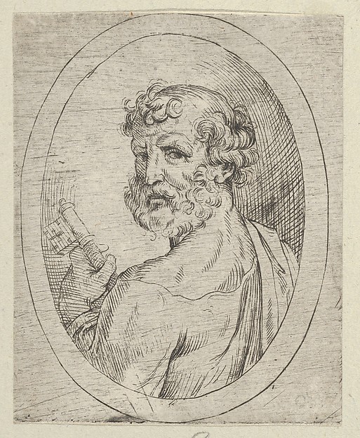 Saint Peter seen from behind, turning to face outwards and holding a key, in an oval frame, from "Christ, the Virgin, and Thirteen Apostles" by Anonymous, 17th century