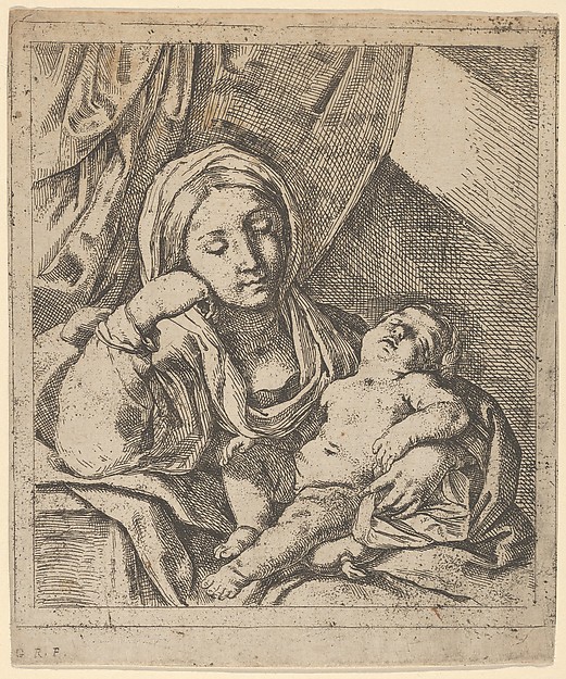 The Virgin seated, resting her head on her right hand and holding the sleeping infant Christ on her lap by Lorenzo Loli