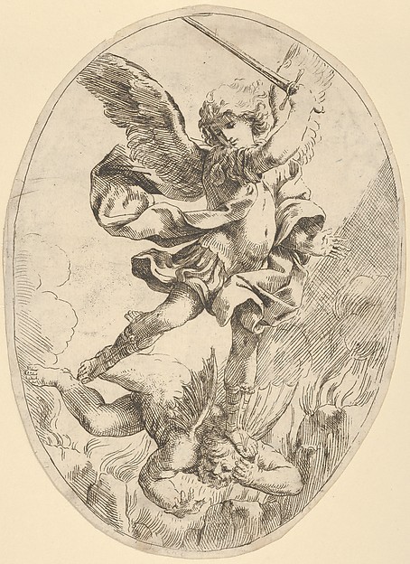 The winged archangel Saint Michael holding a sword and standing on the head of the devil, who descends into hell, an oval composition by Anonymous, 17th century