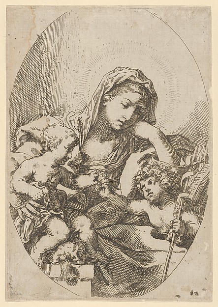 The Virgin with the Christ Child and the young Saint John the Baptist holding a bird at right, an oval composition, after Reni by Lorenzo Loli