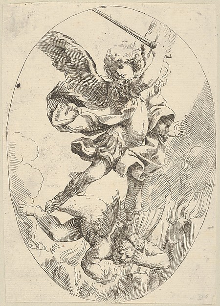 The winged archangel Saint Michael holding a sword and standing on the head of the devil, who descends into hell, an oval composition by Anonymous, 17th century
