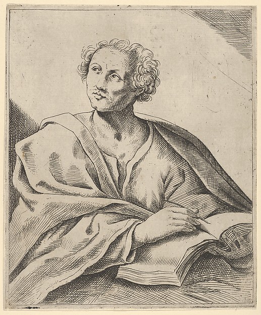 A man holding a book, about to write in it, looking upwards to the left, after Reni (?)