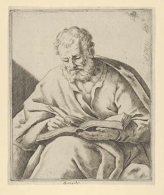 An old man seated and writing in a book (an evangelist?)