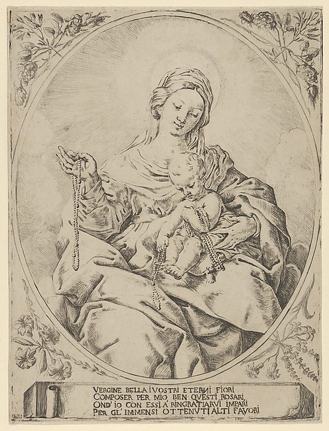 The Virgin seated holding a rosary in her right hand, the infant Christ on her lap holding several rosaries, in an oval frame with flowers surrounding it and a tablet with inscription at the base by Anonymous