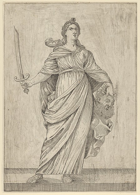 Judith standing on a ledge holding the head of Holofernes in her left hand and a sword in her right
