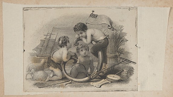 Banknote vignette with three putti as a shepherd, a farmer, and a sailor