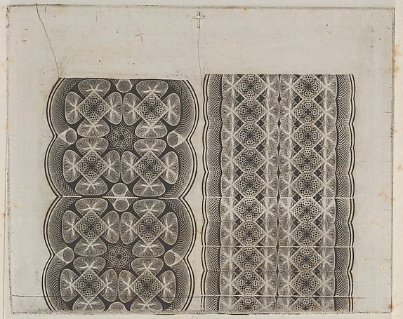 Banknote motifs: two bands of lace-like lathe work ornament