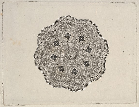 Banknote motif: rounded ornamental lathe work design with a wavy edge