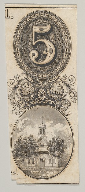 Banknote motifs: the number 5 and a building topped with a cupola