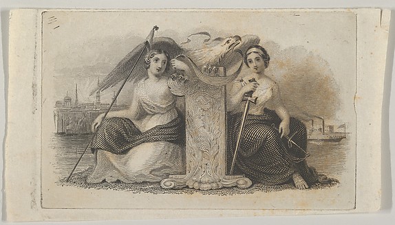 Banknote vignette with female figures representing Liberty and Justice