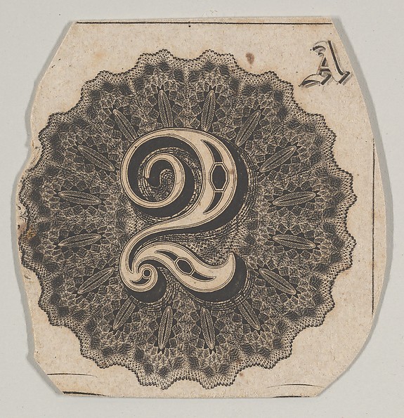 Banknote motif: number 2 against a circular panel of lathe work with a scalloped edge