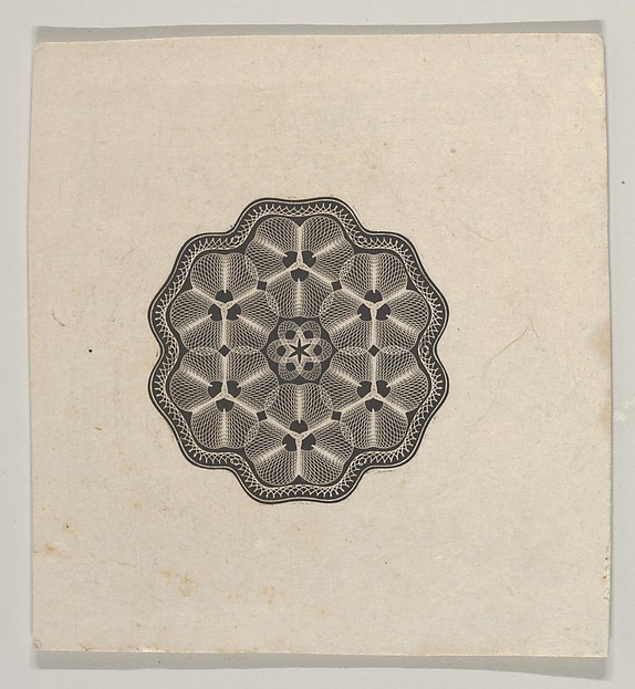 Banknote motif: a small six lobed ornament with a rope border, the interior adorned with lathe work florets