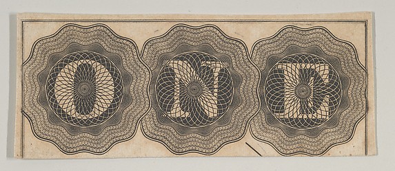 Banknote motif: the word ONE with each letter set against a circle of lathe work