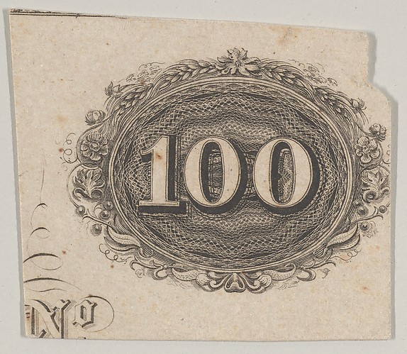 Banknote motif: the number 100 against an ornamental lathe work oval resembling woven rope with a border of grain, flowers and berries