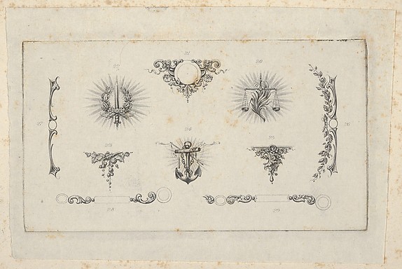 Banknote motif: ten different ornamental lathe work elements including a disk embellished with berries and flowers, a wreathed sword, a set of scales, a berried vine, an anchor and chain, a bracket of vine leaves and four designs for borders