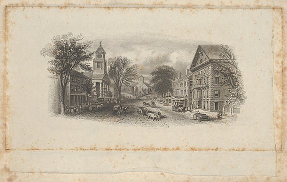 Banknote vignette with the main street of a town