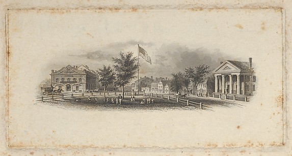 Banknote vignette showing city buildings around a fenced-in green with children playing around an American flag