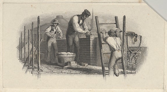 Banknote vignette showing three men on a scaffold laying a brick wall