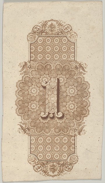 Banknote motif: ornamental number 1 against a panel of lathe work elements, adjoining a band of mosaic style ornament, its ends adorned with leaves, flowers, grapes and ribbons