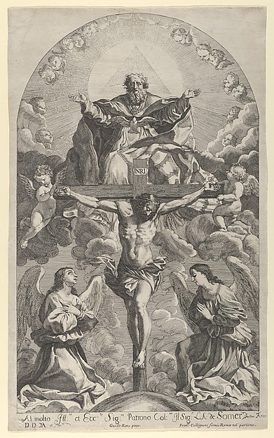 The Holy Trinity; Christ on the cross flanked by two angels, the Holy Spirit as a dove and God in heaven above the cross, a rectangular composition with half-circle at the top, after Reni by Robert van Audenaerde