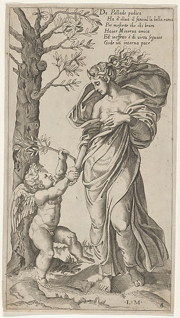An allegory of Peace; Peace personified as a woman standing in a landscape  holding the left hand of a winged genius