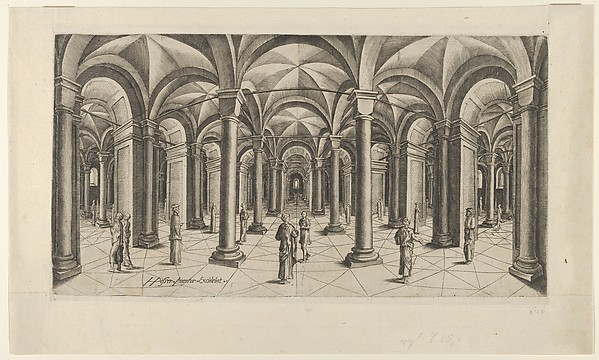 View in Fisheye perspective of a Hall with Columns and Cross Rib Vaulting