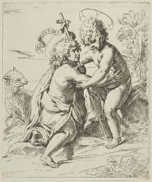 The young Saint John the Baptist kneeling before the young Christ who embraces him, a lamb at left, after Reni