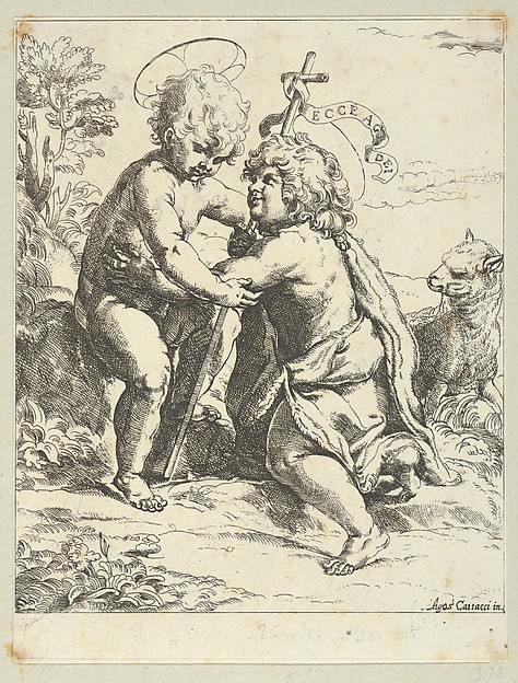 The young Saint John the Baptist kneeling before the young Christ who embraces him, a lamb at right, after Reni by Anonymous, 17th century
