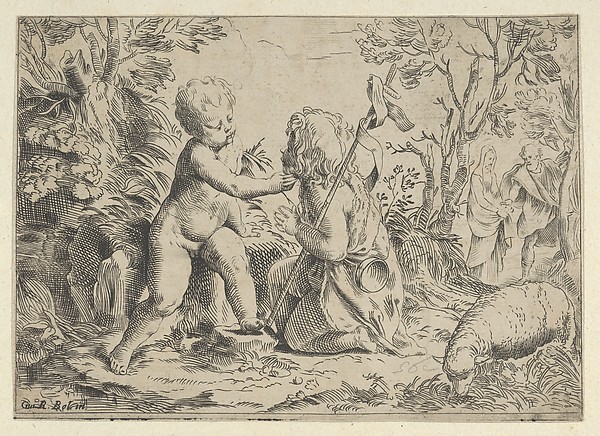 Young Saint John the Baptist kneeling before the infant Christ who caresses his face, the Virgin and Joseph in the background at right, after Reni by Anonymous, 17th century