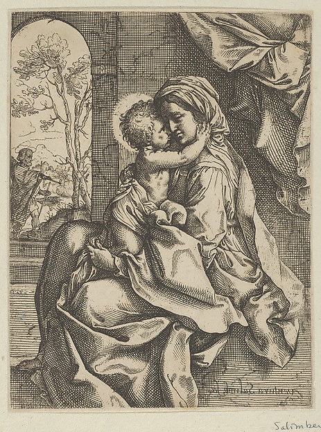 The Virgin seated with the Christ Child on her lap embracing her, Joseph seen through an archway at left, after Reni by Ventura Salimbeni