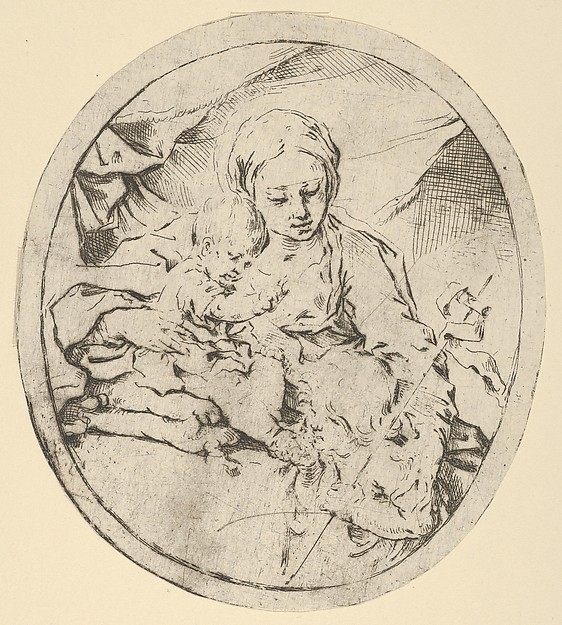 The Virgin with the infant Christ seated on a cushion and the young Saint John the Baptist at his feet, an oval composition by Guido Reni