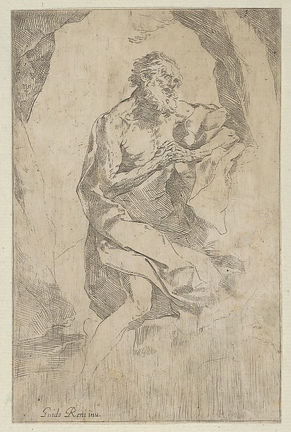Saint Jerome kneeling on a rock in front of a cross and an open book facing right, after Reni by Anonymous, 17th century